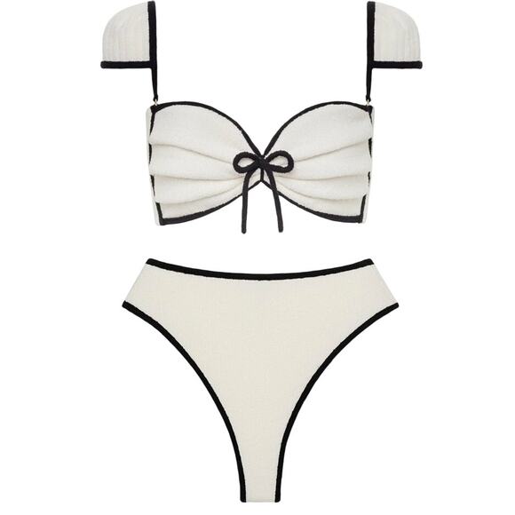 Montce Cream black binded terry rib Cabana Bows Bikini Top and Bottom - Picture 1 of 7